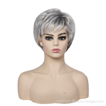 Wholesale stort ombre silvery with gary color wig with  natural bangs synthetic hair wigs for women